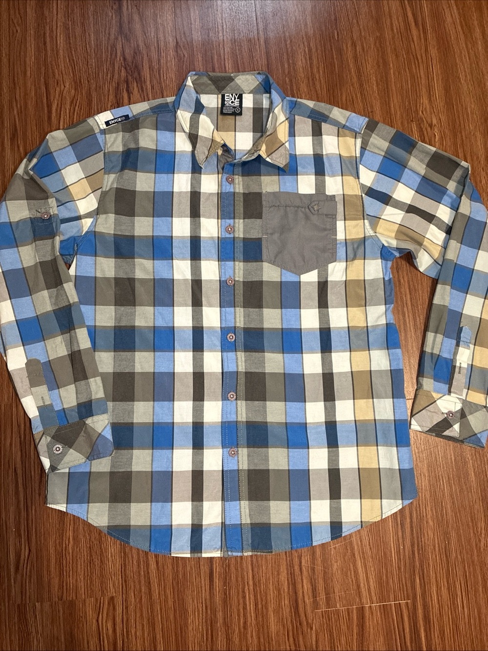 Enyce roll up Sleeve Blue Grey Plaid Shirt Cotton Button Down Pocket Size  XL